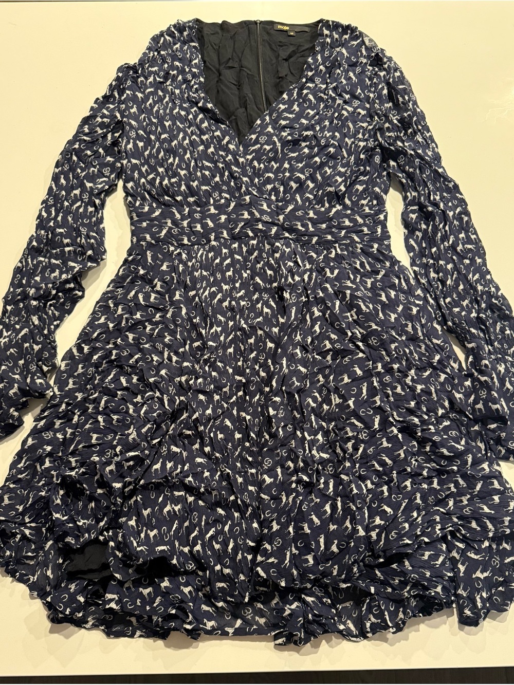 Maje Navy Blue and White Printed Long-Sleeve Wrap Dress
